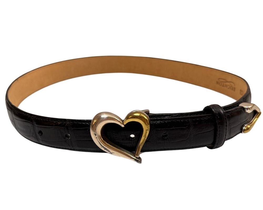 Brighton Women Belt Black Croco Embossed Leather Keeper Loop Heart Gold Buckle M